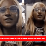 At the Queens subway station, a woman beats a man with a boot