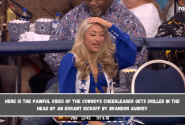 Here is the painful video of the Cowboys cheerleader gets drilled in the head by an errant kickoff by Brandon Aubrey